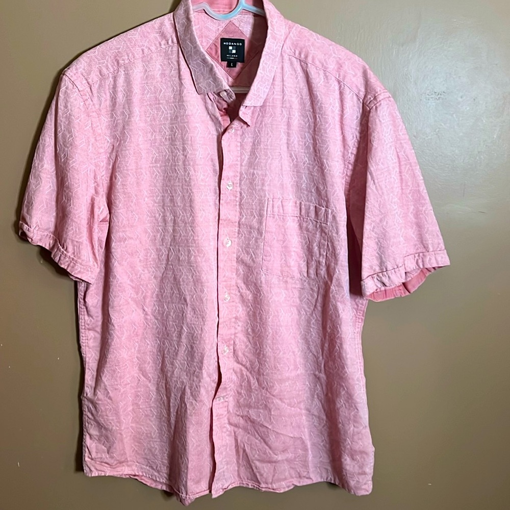 😄Pale pink patterned dress shirt short sleeve. B4